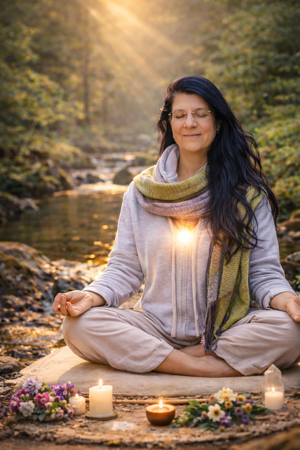 Eva Barwig in stiller Meditation am Wasser